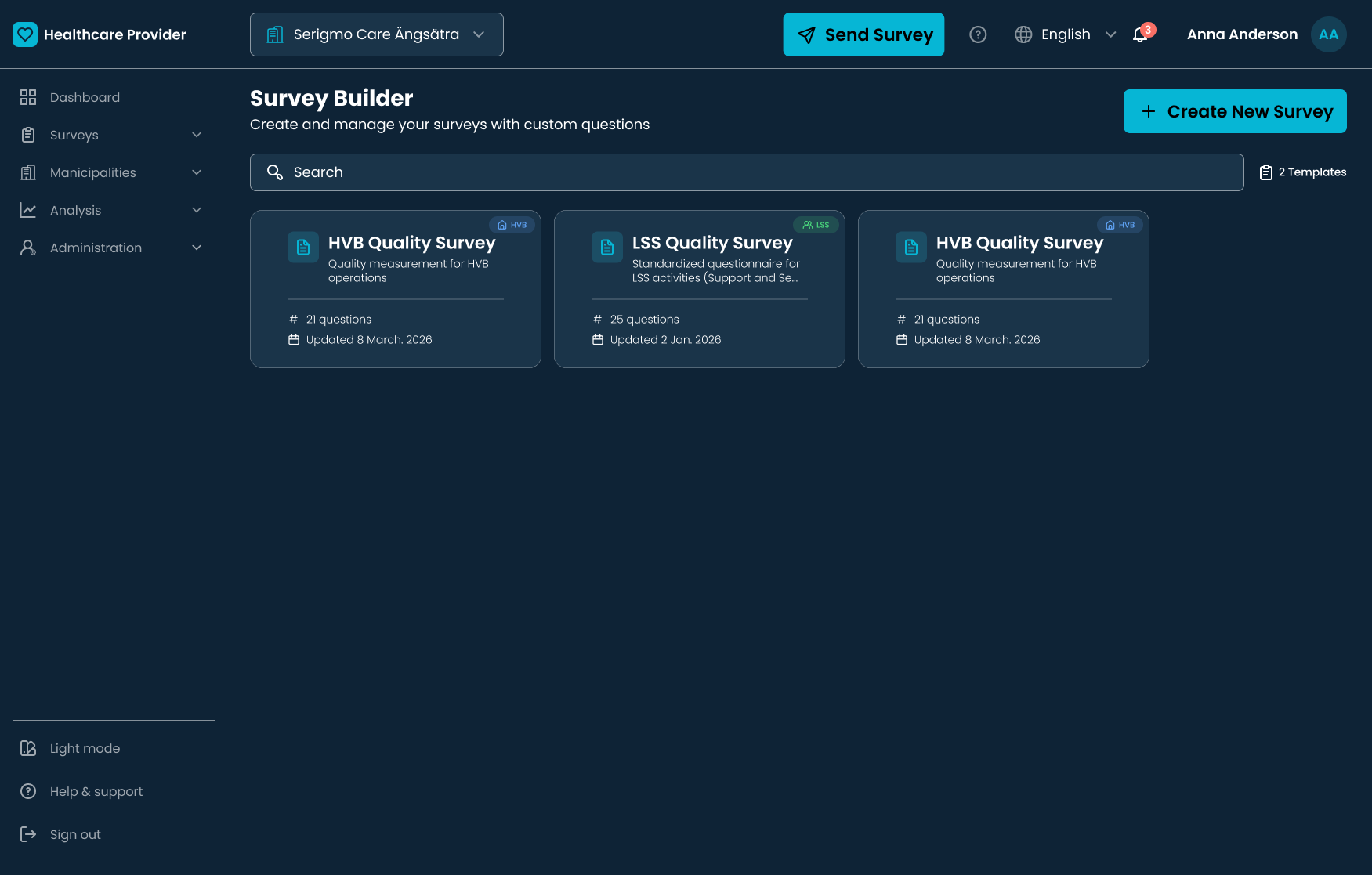 Surveys section showing HVB and LSS survey templates organised by type in the healthcare platform sidebar.